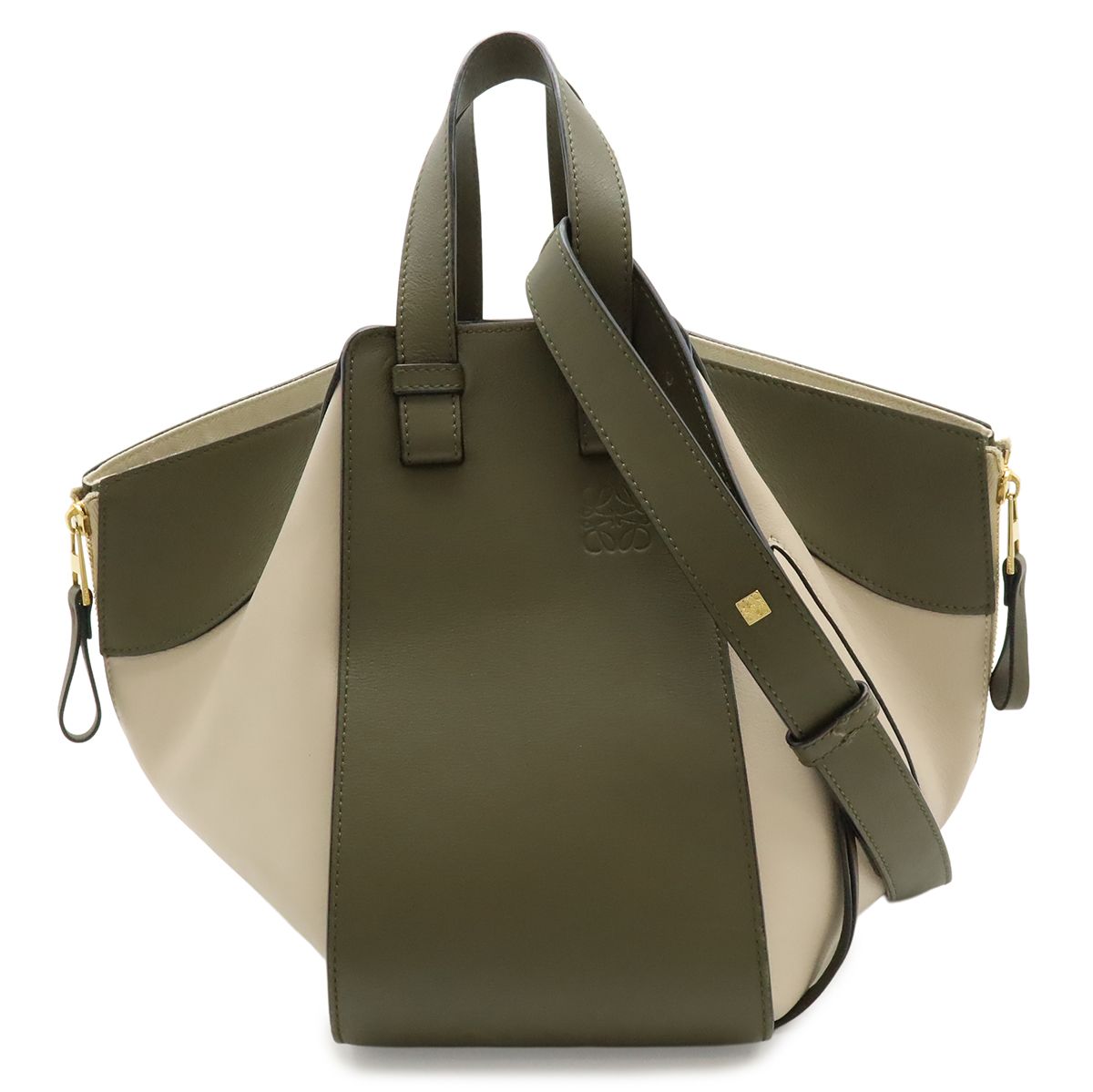 LOEWE ロエベ ハンモックバッグ スモール ハンドバッグ ショルダーバッグ 6WAY バイカラー レザー カーキ ベージュ ゴールド金具 A538S35X19