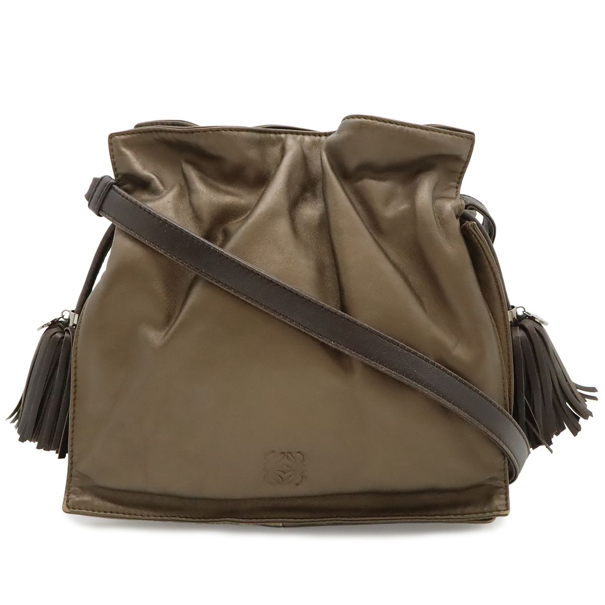 LOEWE ロエベ フラメンコ22 ショルダーバッグ ポシェット 斜め掛け 2WAY 巾着 フリンジ タッセル ナッパレザー メタリックブロンズ ダークブラウン