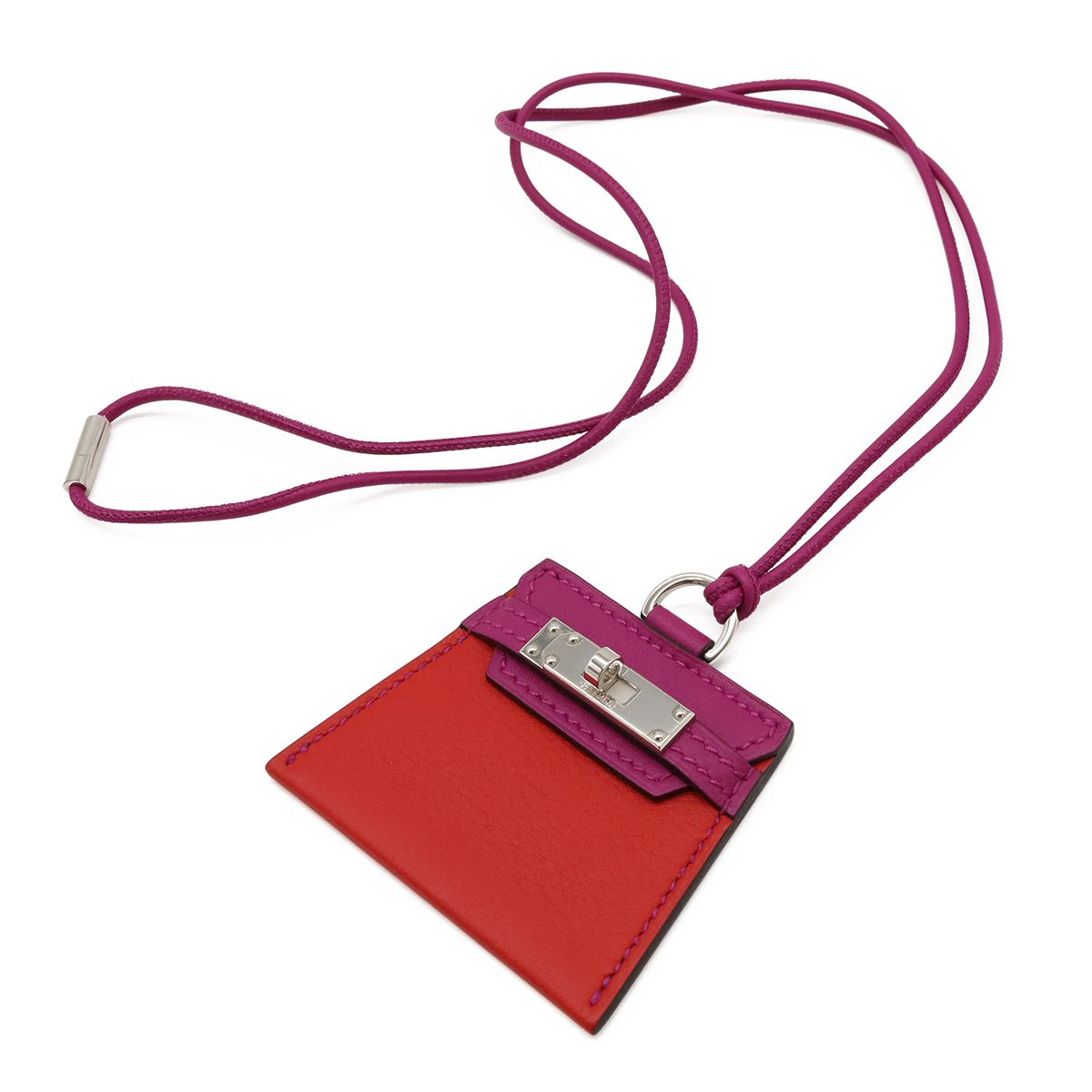 HERMES エルメス モンプティ ケリー ネックレス ペンダント ヴォースイフト レザーコード 革紐 パープル レッド シルバー金具