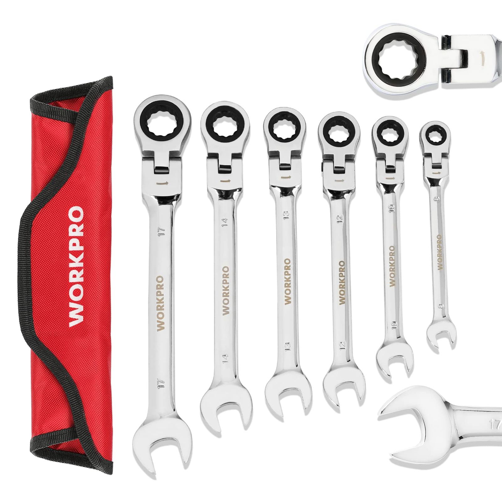 【新品】WORKPRO フレックスラチェットレンチ コンビネーションレンチセット 首振りラチェット コンビセット 両用ヘッド スパナ レンチ 角度調整可能 72ギア 6本組 自動車修理 車メンテナンス 組み立て DIY用 収納袋付き bda804f6