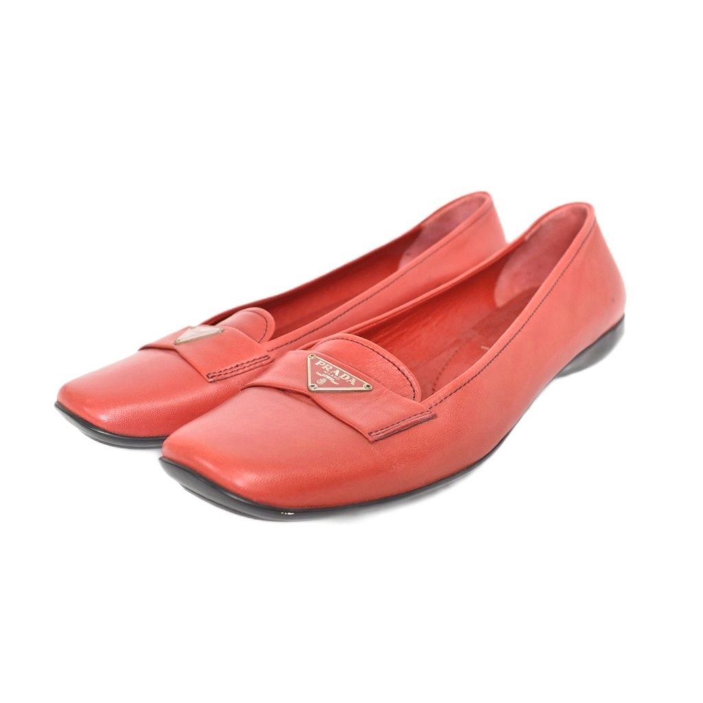 プラダ PRADA ローファー フラットシューズ スクエアトゥ 37 赤 レッド