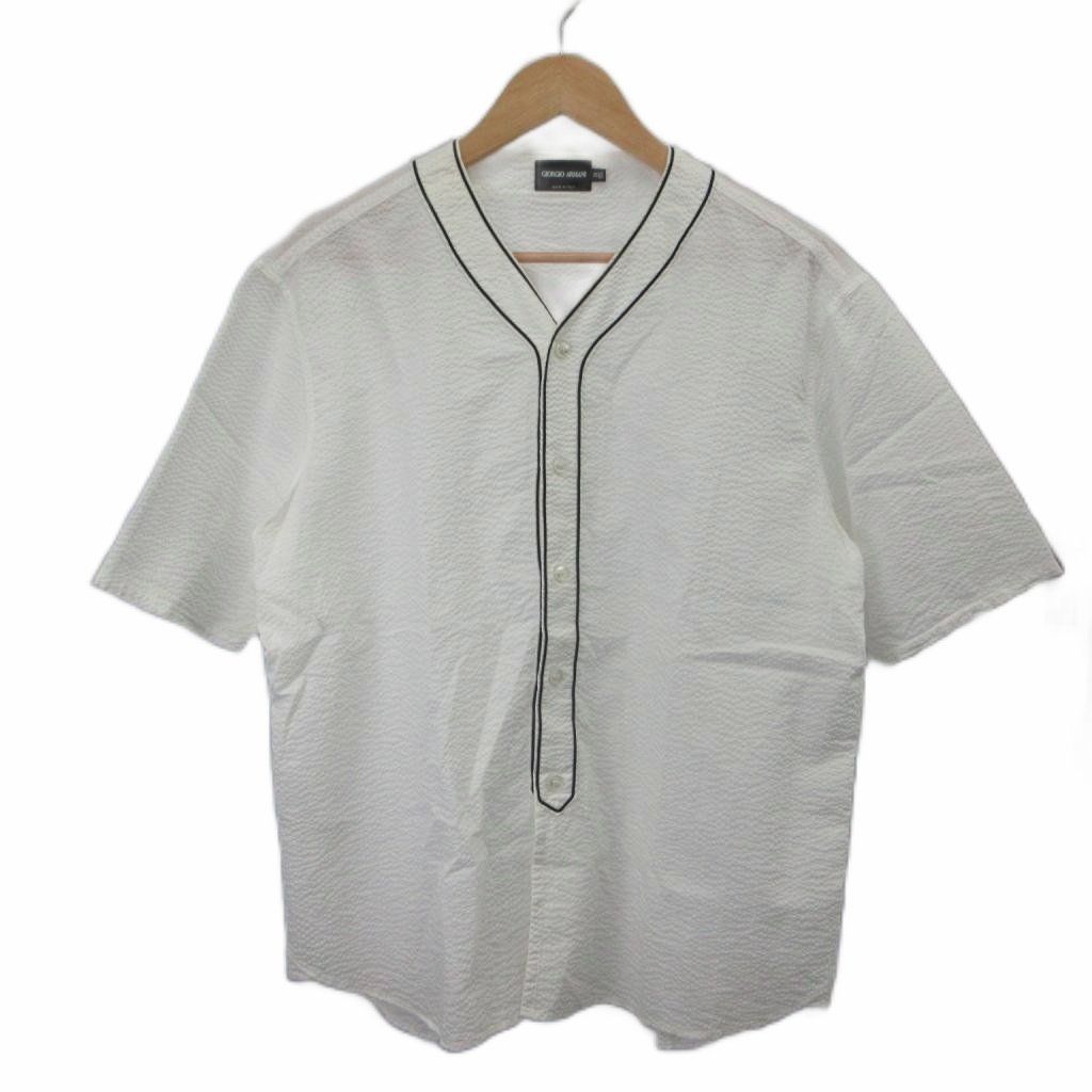 ジョルジオアルマーニ GIORGIO ARMANI Vネック半袖シャツ 39 白 ホワイト ノーカラー パイピング 半袖 _NOTG /SH ■GY19