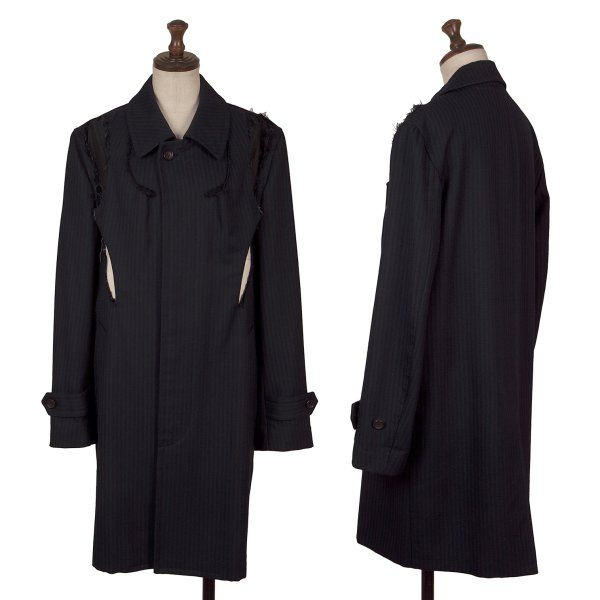 コムデギャルソンCOMME des GARCONS ウールストライプ織りカッティングデザインコート 紺S