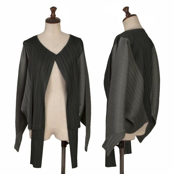 プリーツプリーズPLEATS PLEASE バイカラー切替ボタンレスドルマンプリーツカーディガン グレー3