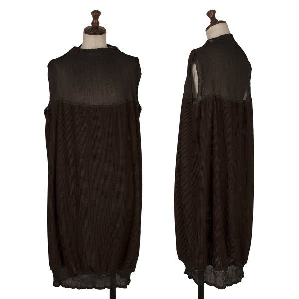 イッセイミヤケミーISSEY MIYAKE me ローゲージ編みクレーププリーツ切替ノースリーブワンピース 茶F