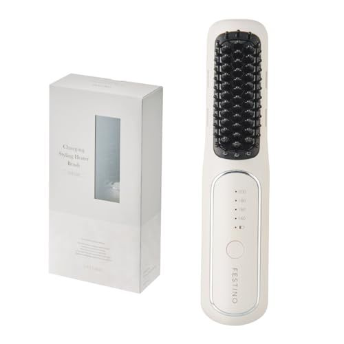FESTINO(フェスティノ) スタイリングヒーターブラシ(SMHB-049) マイナスイオン 約140℃～約200℃ ヒートブラシ ヘアアイロン機能付き USB充電式 コードレス 時短 スタイリング ギフト（ホワイト）pms 73e9104d