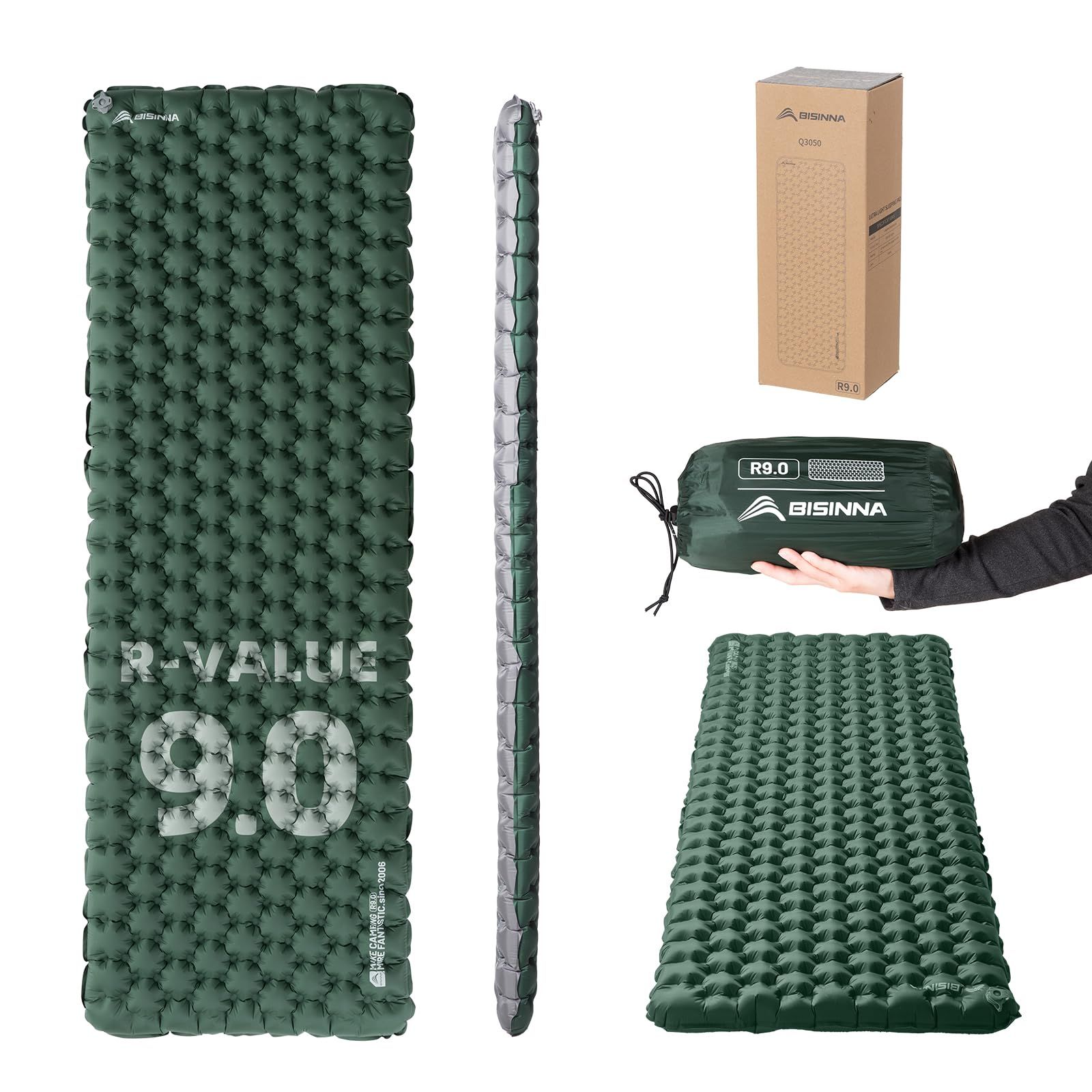 BISINNA エアーマット キャンプ マット R値9.0 厳冬期対応 極厚9cm 超軽量 920g 冬用 キャンプ用エアーマット ポンプサック付き コンパクト 9層断熱構造 コット泊 車中泊 テント泊 防災 登山 アウトドア用品