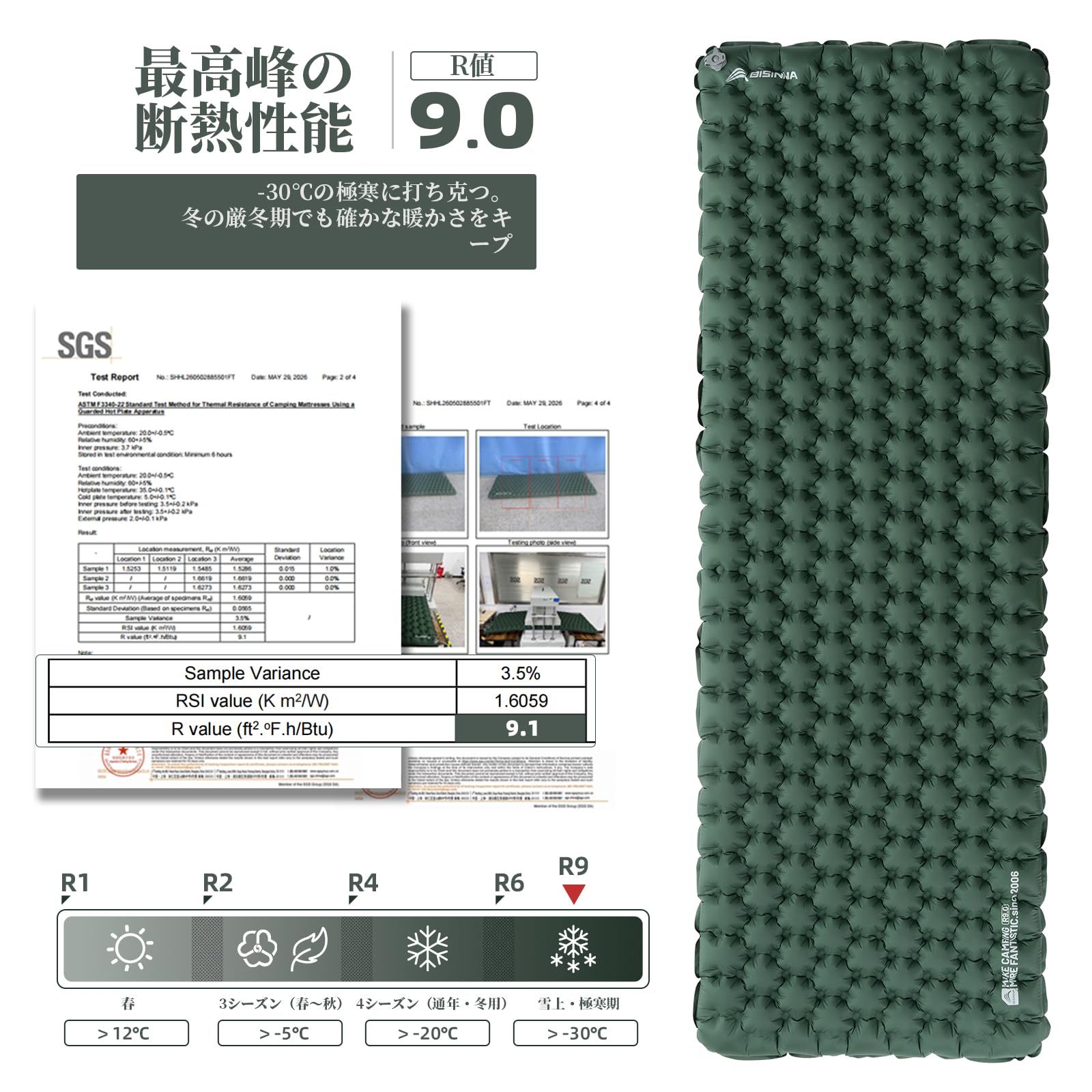 BISINNA エアーマット キャンプ マット R値9.0 厳冬期対応 極厚9cm 超軽量 920g 冬用 キャンプ用エアーマット ポンプサック付き コンパクト 9層断熱構造 コット泊 車中泊 テント泊 防災 登山 アウトドア用品 BISINNA エアーマット キャンプ マット R値9.0 厳冬期対応 極厚9cm 超軽量 920g 冬用 キャンプ用エアーマット ポンプサック付き コンパクト 9層断熱構造 コット泊 車中泊 テント泊 防災 登山 アウトドア用品