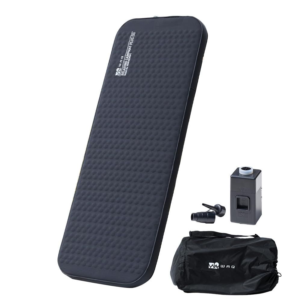 WAQ Relaxing CampMat PLUS 電動 キャンプマット インフレーターマット 極厚 10cm 電動ポンプ付き 車中泊 アウトドア コンパクト収納 シングル/ダブル (シングル-BLACK(ブラック))