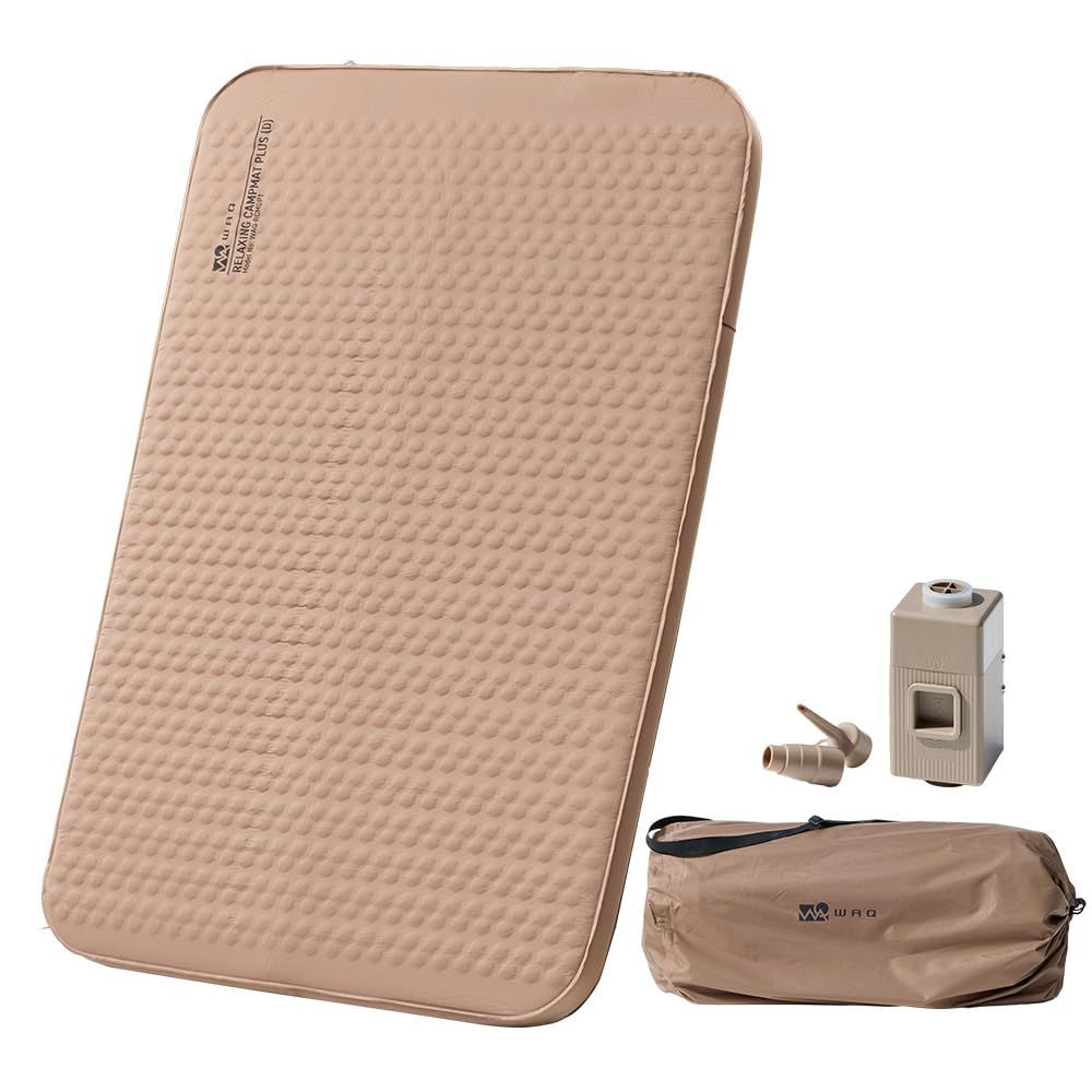WAQ Relaxing CampMat PLUS 電動 キャンプマット インフレーターマット 極厚 10cm 電動ポンプ付き 車中泊 アウトドア コンパクト収納 シングル/ダブル (ダブル-COYOTE(コヨーテ))