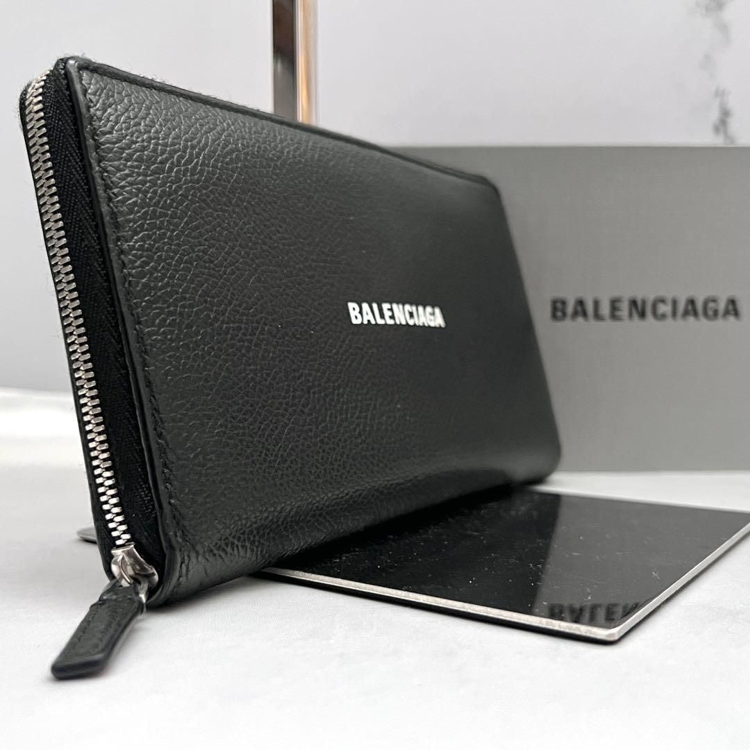 ◇箱付き美品◇バレンシアガ　ラウンドファスナー長財布　白ロゴ×ブラックレザー