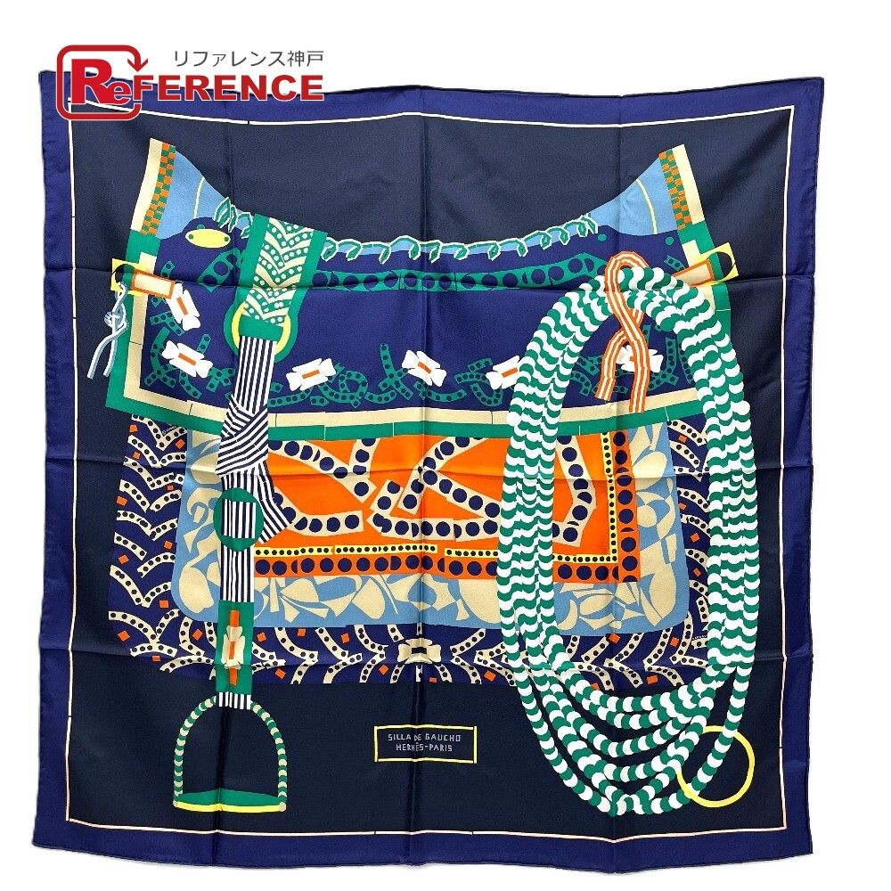 HERMES エルメス スカーフ カレ90 Silla de Gaucho ガウチョの鞍 シルク ブルー