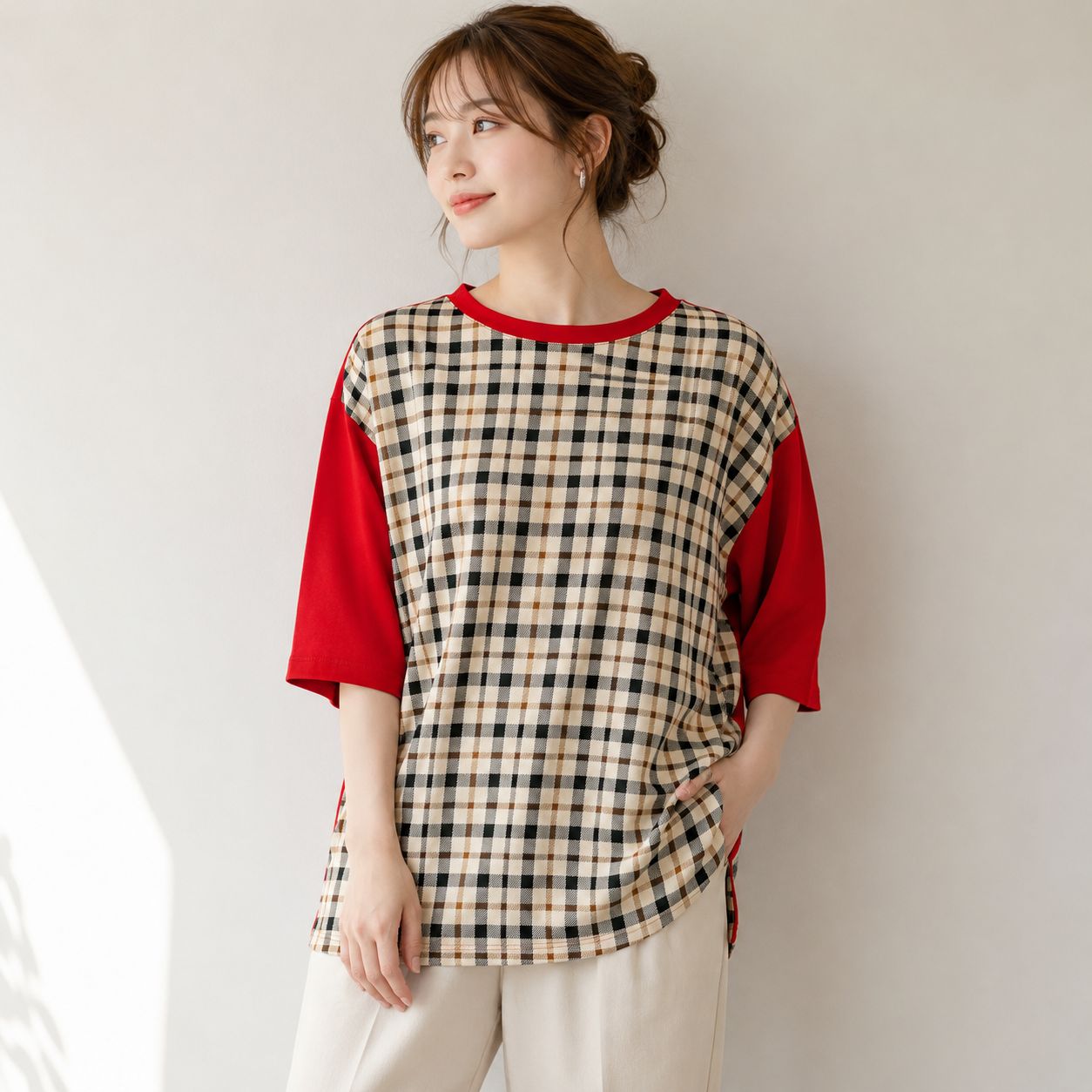 DAKS ダックス チェック柄 半袖 カットソー Tシャツ Lサイズ 赤