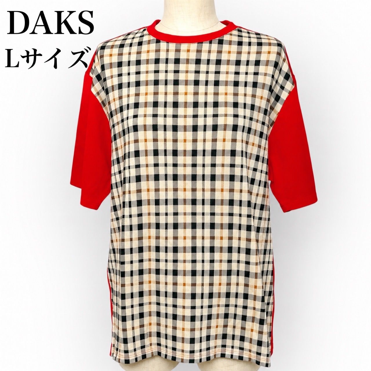 DAKS ダックス チェックカットソー　レディース44　XLサイズ　大きいサイズ DAKS ダックス チェック柄 半袖 カットソー Tシャツ Lサイズ 赤