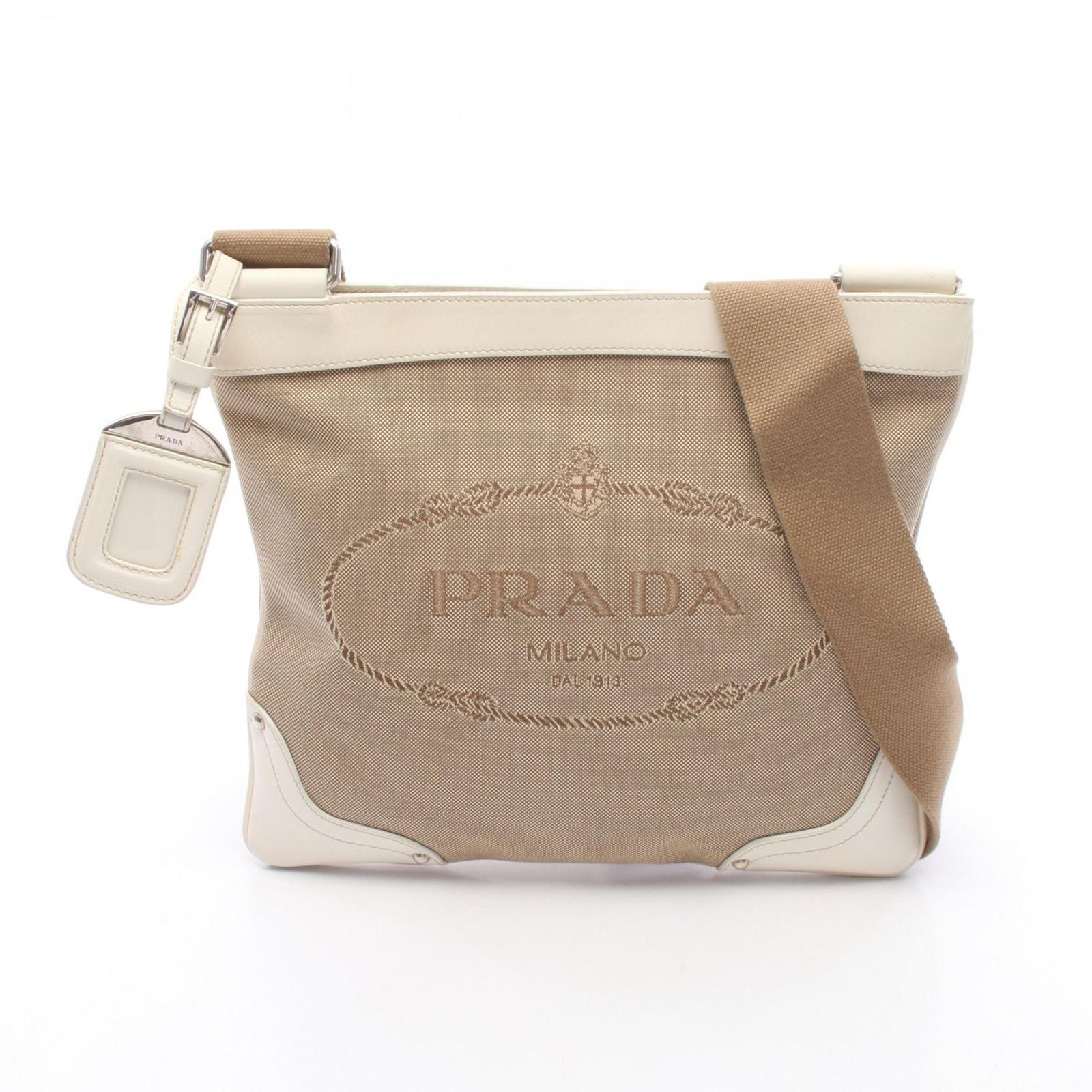 プラダ PRADA ショルダーバッグ ロゴジャガード ベージュ/アイボリー キャンバス レザー ロゴジャガード ショルダーバッグ レディース Used B