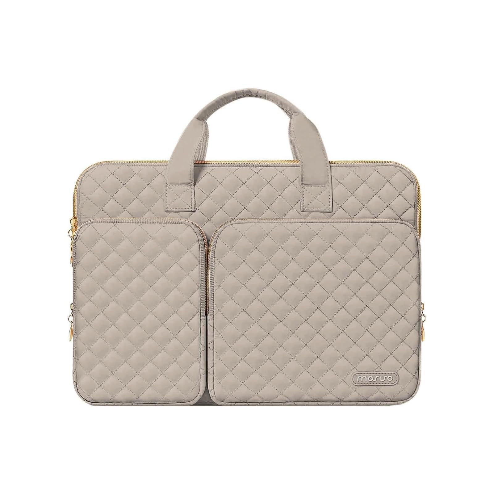 Quilted Bag (Taupe Square Strap & Brown) with Handles 16, 2 Pockets 15/Pro Air MacBook Compatible Laptop Bag 16" 15-15.6" PC Case Protection 360 MOSISO