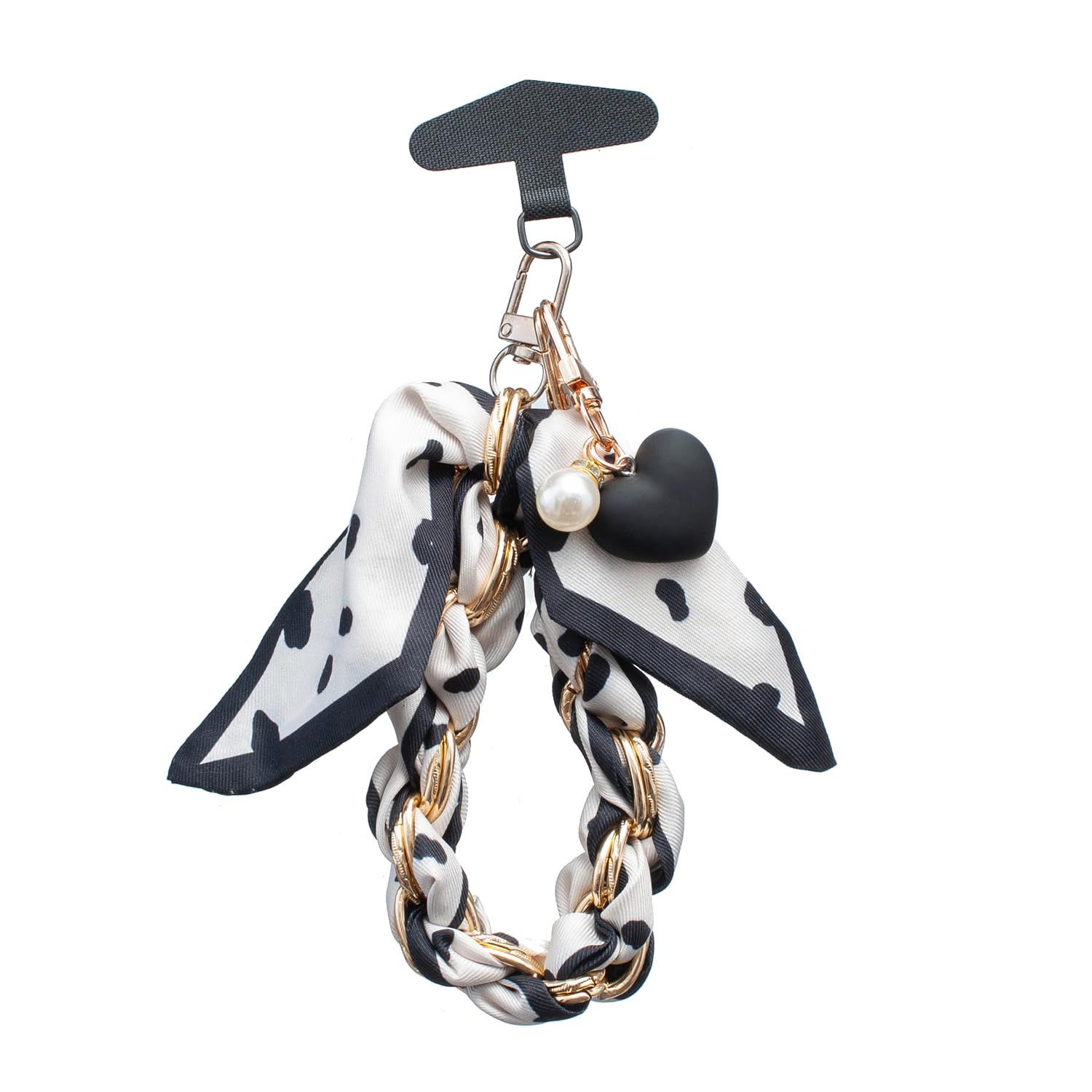 Smartphone Strap Hand Strap with Silky Braided Heart Charm, Fall Prevention, Stylish Multifunction Key Holder Bag Charm (Black and White Polka Dot Strap)