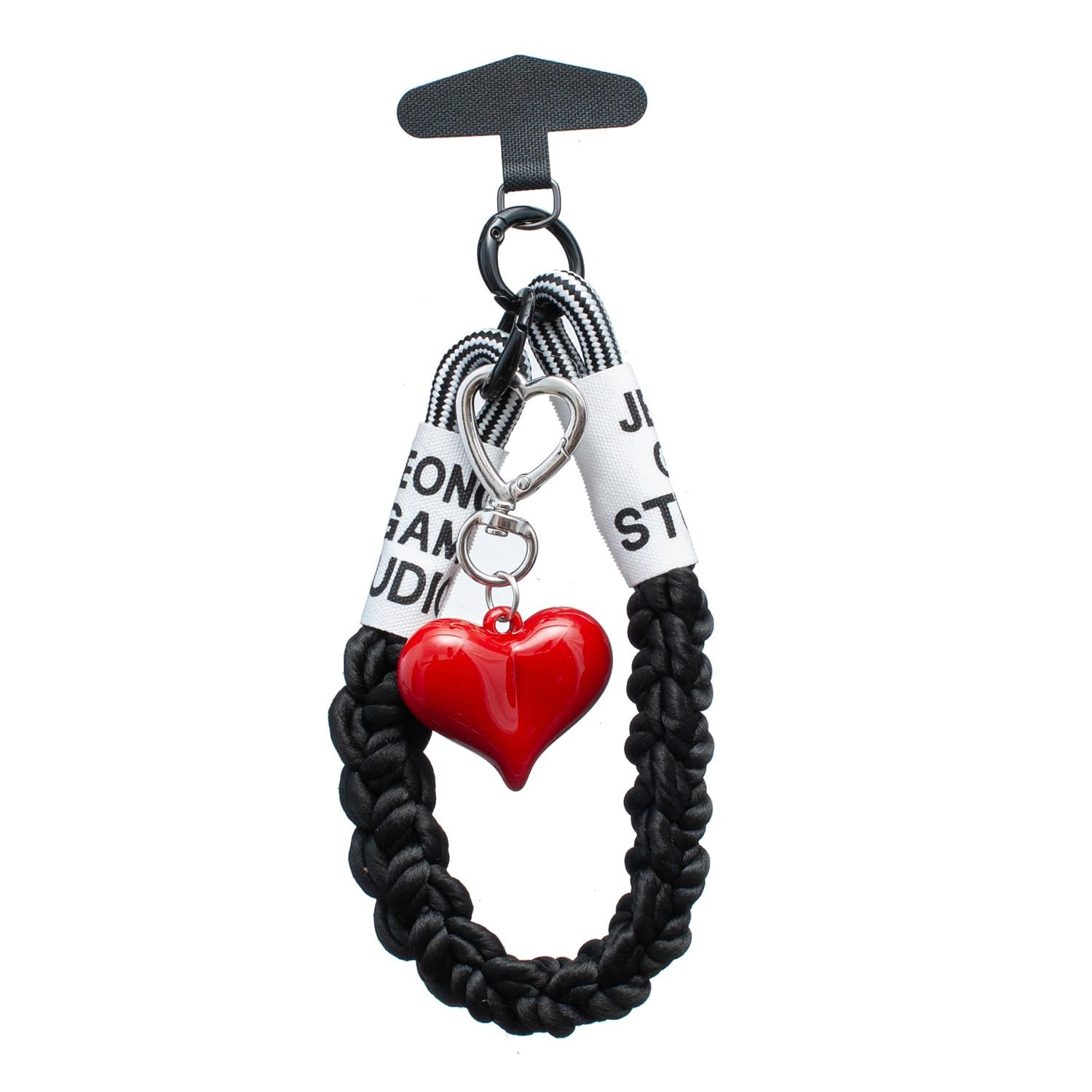 Smartphone Strap Hand Strap with Braided Heart Charm, Fall Prevention Stylish Multifunction Key Holder Bag Charm (Red Heart Smartphone Strap)