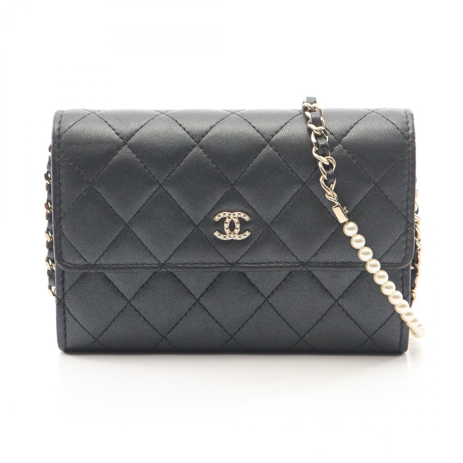 シャネル CHANEL ショルダーバッグ マトラッセ パール ブラックラメ ラムスキン（羊革） マトラッセ ミニ パールチェーンウォレット レディース Used B