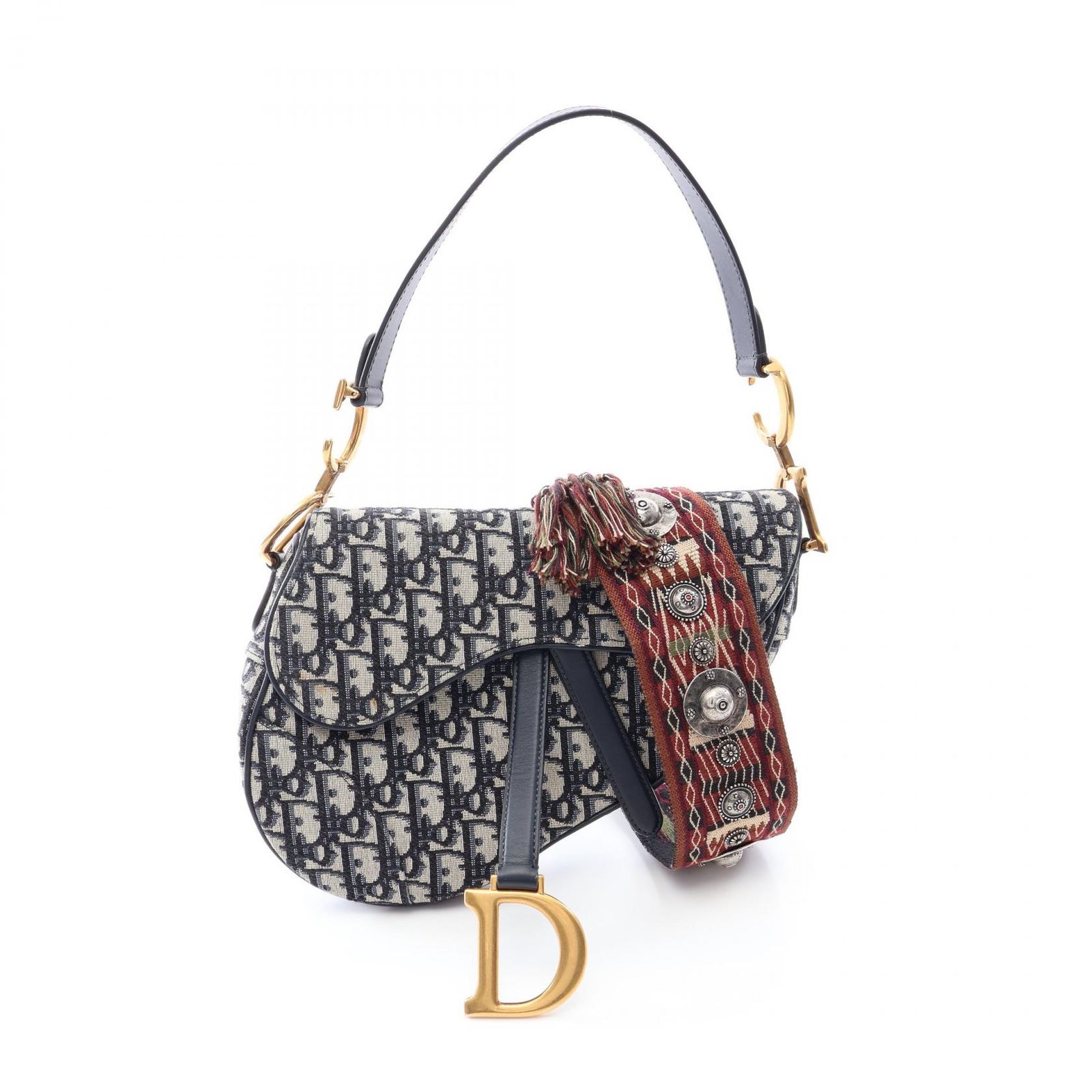 ディオール Dior ハンドバッグ サドルバッグ オブリークジャカード 2WAY ネイビー キャンバス レザー オブリーク サドルバッグ レディース Used A