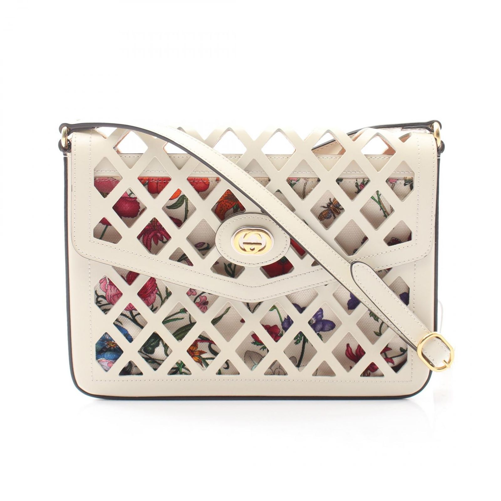 グッチ GUCCI ショルダーバッグ カットアウト ミディアム フローラルキャンバス 550138 オフホワイト/花柄 レザー キャンバス カットアウト ミディアム ショルダーバッグ