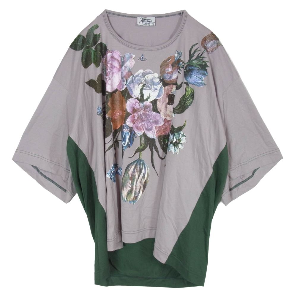 Vivienne WestwoodMAN ヴィヴィアンウエストウッドマン VW-LP-72407 NEWフラワー オーブ刺繍 切替 クルーネック 半袖 Ｔシャツ グレー系 F【中古】
