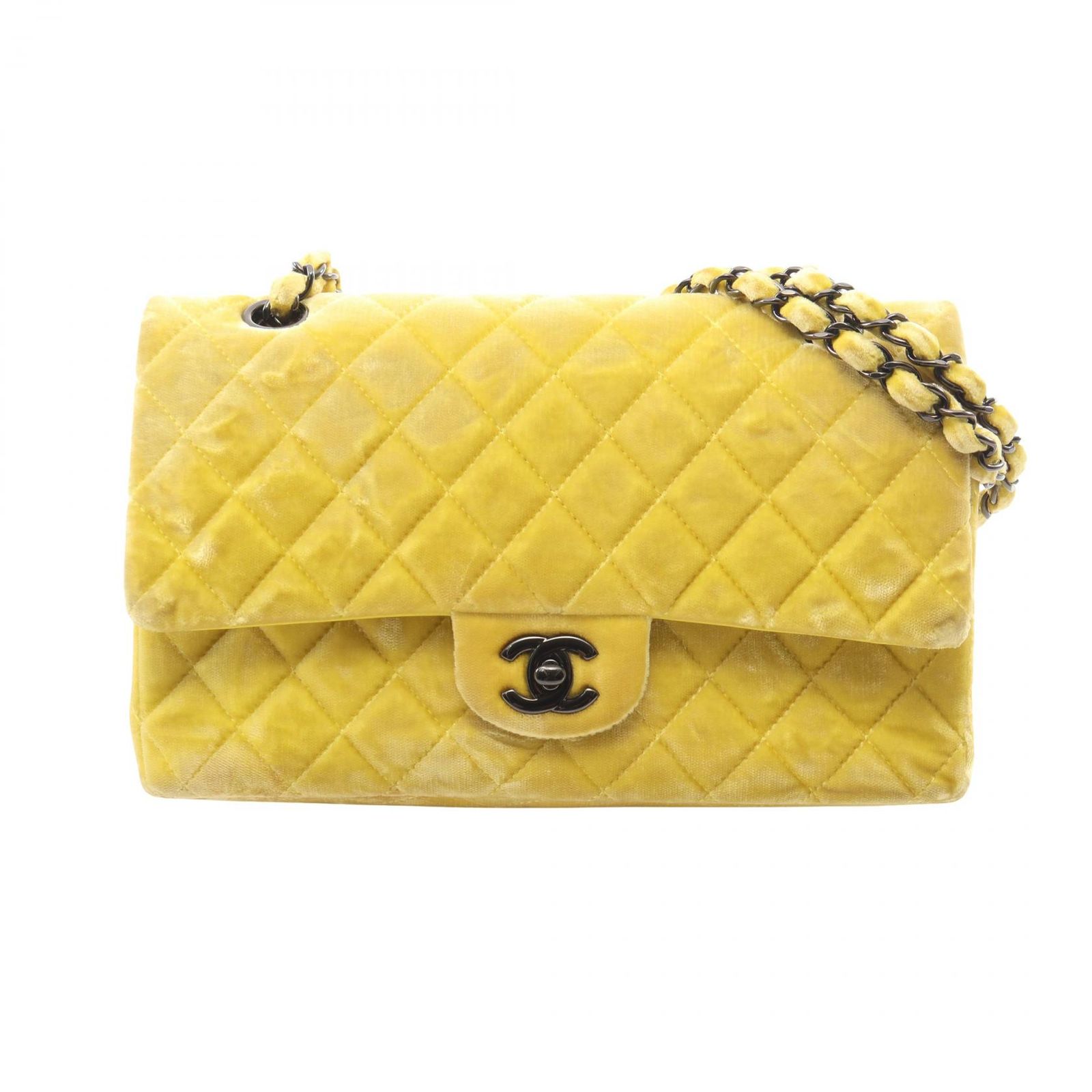 シャネル CHANEL ショルダーバッグ マトラッセ Wフラップ ブラック金具 イエロー ファブリック マトラッセ ダブルフラップ チェーンショルダー レディース