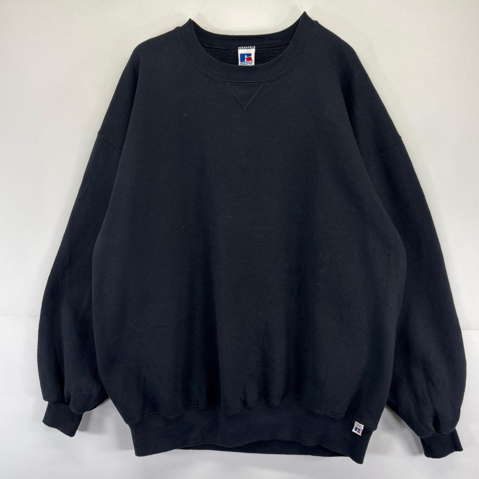 古着 90's/90年代 ラッセル Russell USA製 スウェット 大きいサイズ クルーネック トレーナー 前Vガゼット 2XL ブラック系 無地 メンズ