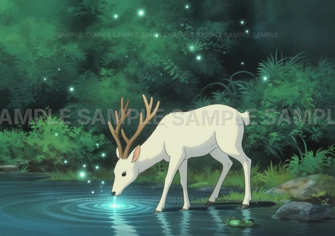AIアート】【幻想的な森】白鹿 水辺で水を飲む アート ポスター 絵画