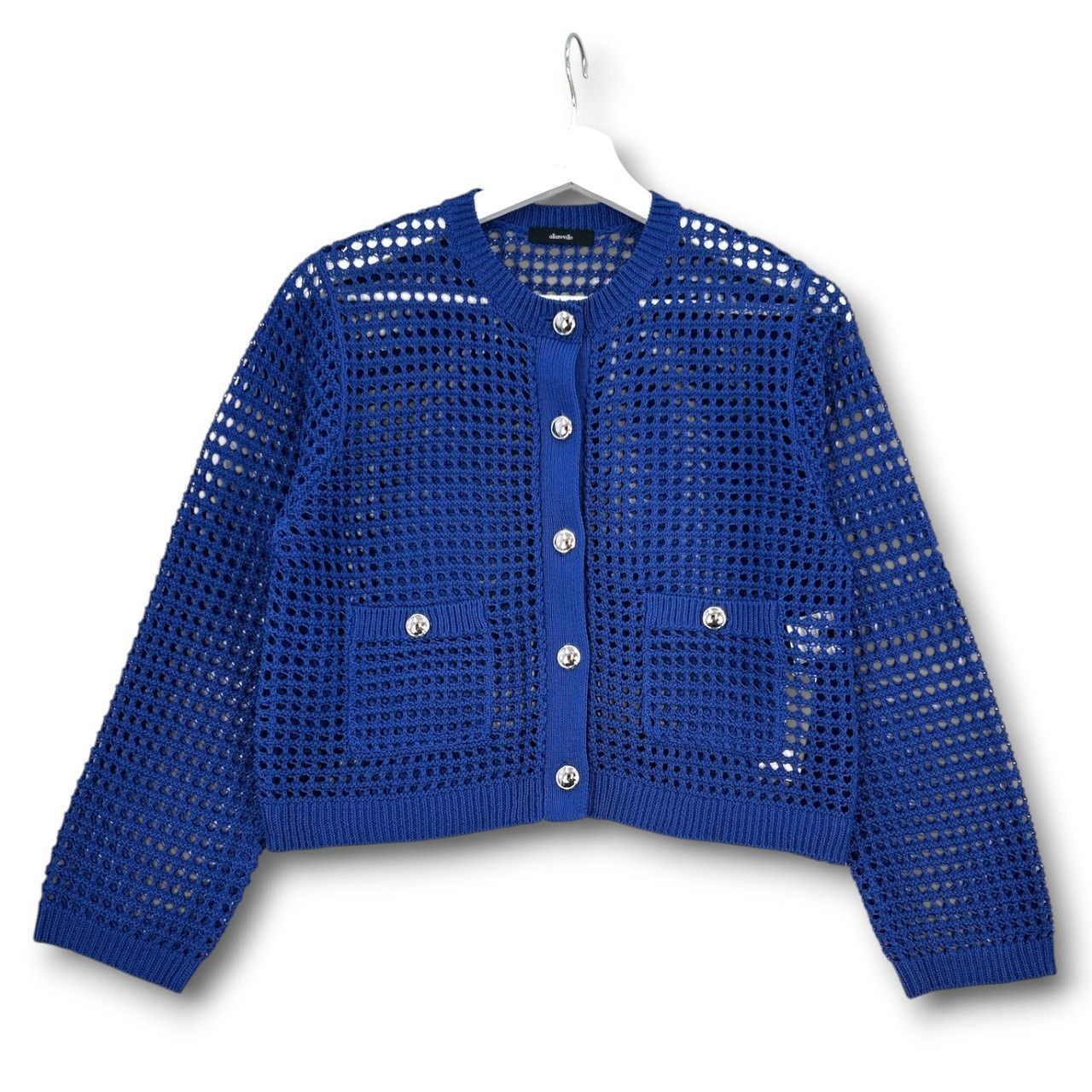 新品　allureville 青 ニットカーディガン 長袖 ボタン付き 新品 タグ付 未使用 allureville アルアバイル フィッシュネットニット