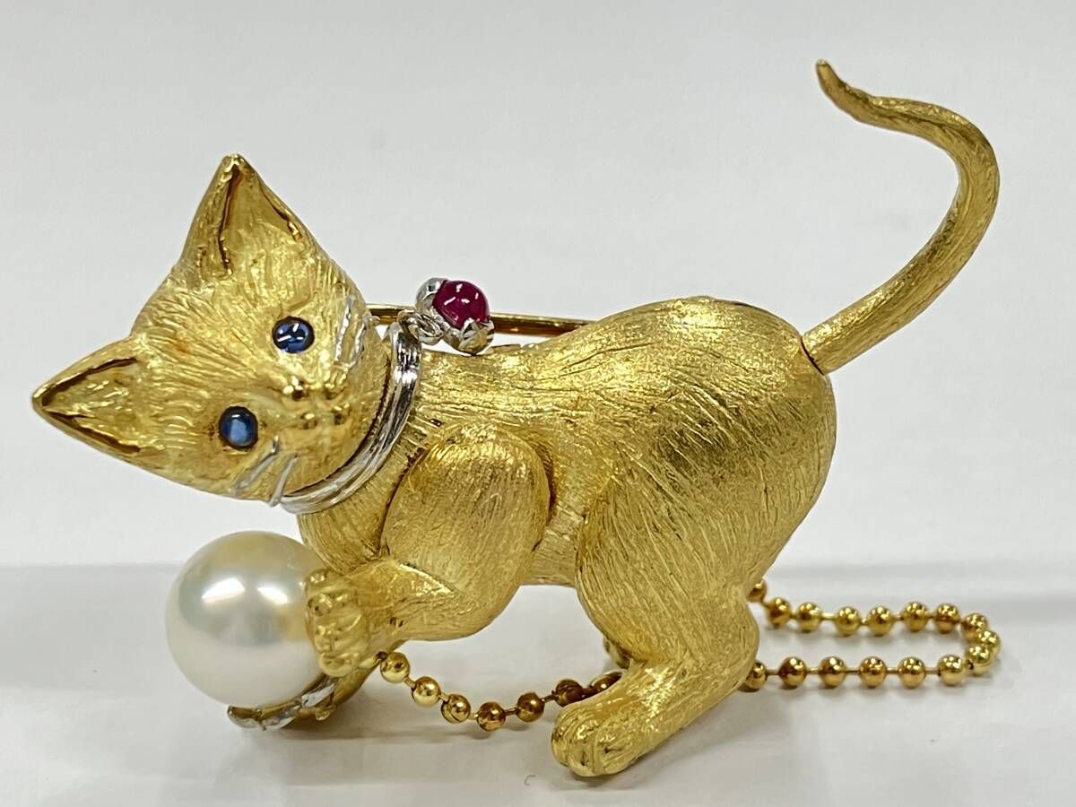 Pt900 プラチナ K18 イエローゴールド 総重量14.7g 猫 ネコ キャット トップ ブローチ