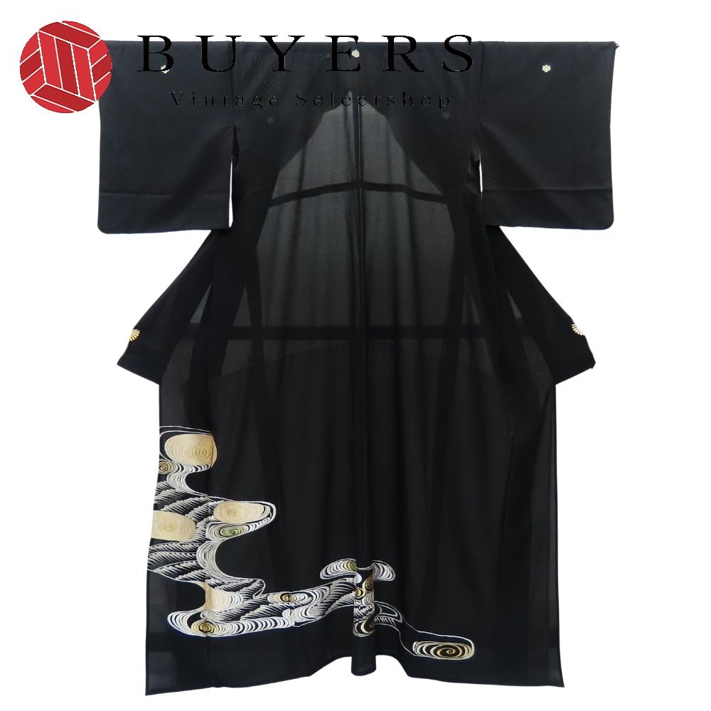 【中古】 留袖 絽 正絹 着丈約160cm 裄丈約65cm 黒 シルバー ゴールド 夏物 刺繍 和装 呉服 和服 きもの レディース 女性