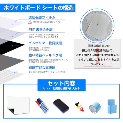 Putenahoto ホワイトボード シート マグネット対応 複数サイズオプション ホワイトボードシート 貼って剥がせる粘着式 豪華セット 120x240cm（発行可）ｍａ｜詳細画像