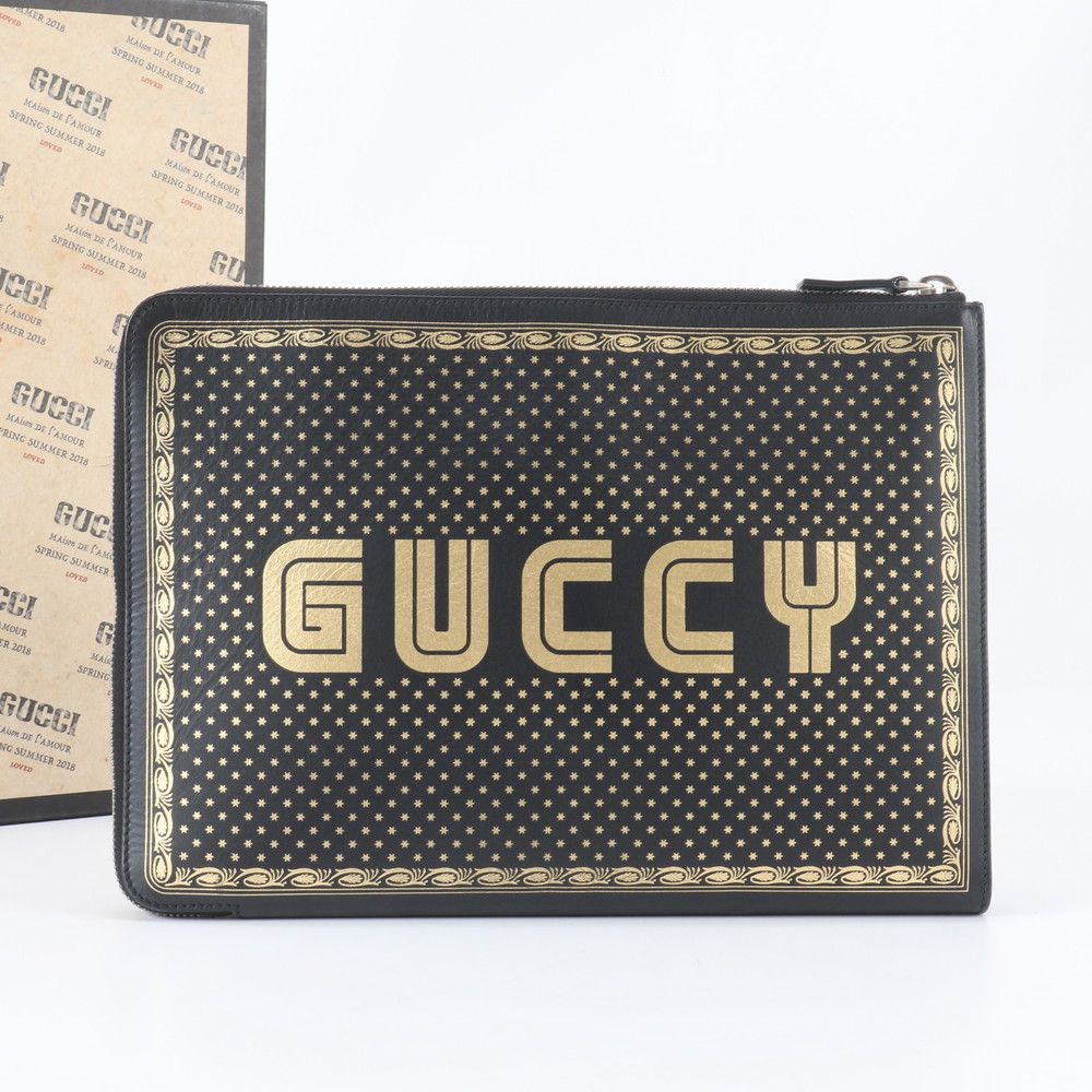 極美品 グッチ × SEGA コラボ GUCCY プリント 523441 レザー ビジネス バッグ クラッチ 通勤 ビジネス メンズ REE EA42-5【中古】