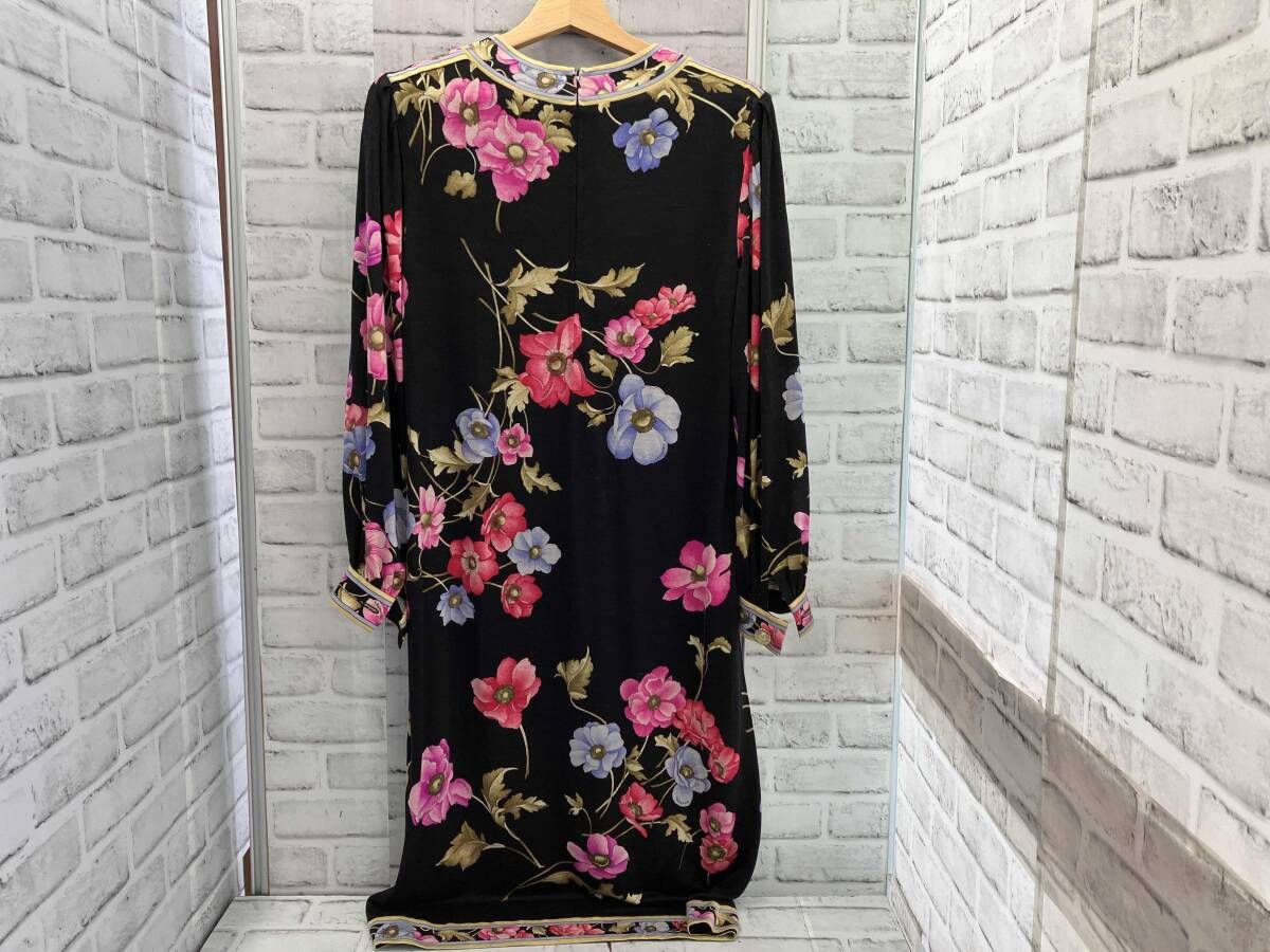 LEONARD ワンピース M ブラック 花柄 裾デザイン 七分袖 上品 LEONARD/花柄ワンピース/Mサイズ/ウールシルク素材/ブラック/ロング