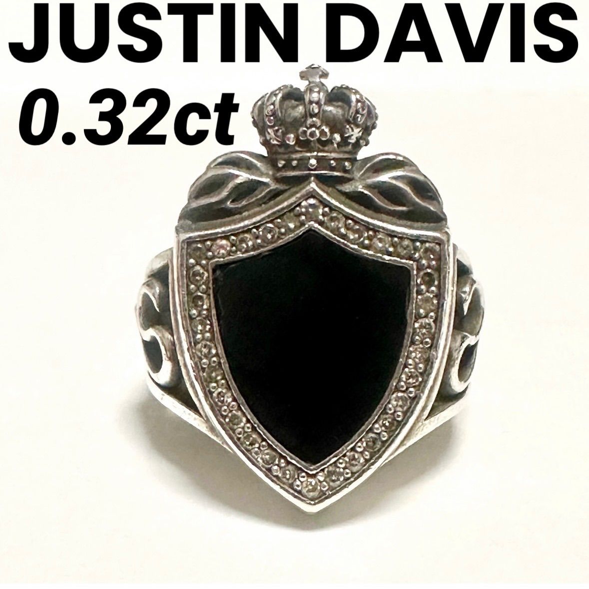 ジャスティンデイビス　JUSTIN DAVIS　指輪　リング　HERITAGE Ring　ヘリテージリング 　SRJ190　SV925　ダイヤモンド 0.32ct　ブラックオニキス　シルバー　ブラック　定価22万　20号　王冠　盾