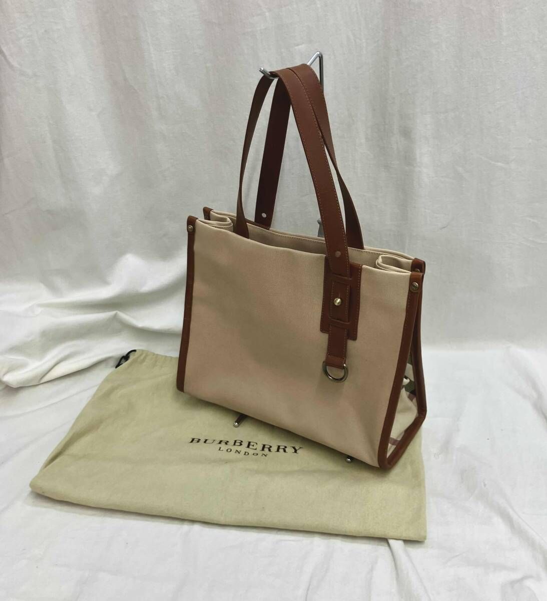 BURBERRY ブラウン トートバッグ 持ち手革 保存袋付] BURBERRY バーバリートートバッグ ベージュ ブラウン