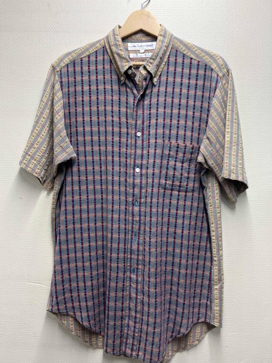 COMME des GARCONS SHIRT コムデギャルソンシャツ 半袖シャツ 切替デザイン チェック柄 シアサッカーボタン ダウンシャツ L フランス製