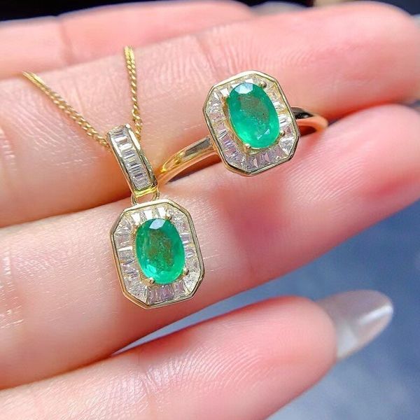 職人技による天然エメラルドジュエリーセット、S925 シルバー、ナチュラル、高級ジュエリー、宝石ギフト　□So 8108