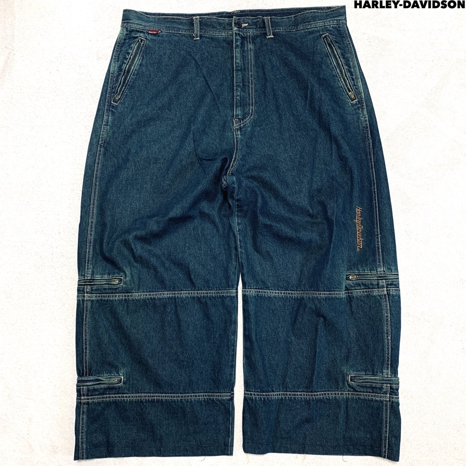 HARLEY DAVIDSON デニムパンツ ジーンズ ジーパン バギー ワイド バイカー モーターサイクル ロゴ刺繍 切り替え W97サイズ インディゴブルー 青系 ハーレーダビッドソン
