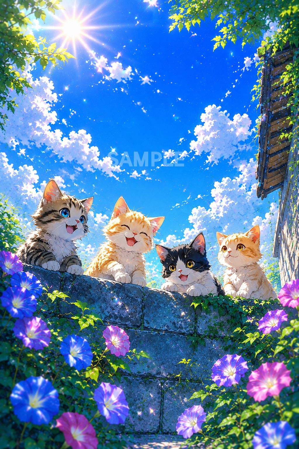 夏空と4匹の子猫｜朝顔咲く石垣の風景｜イラスト｜2Lサイズ｜デジタル