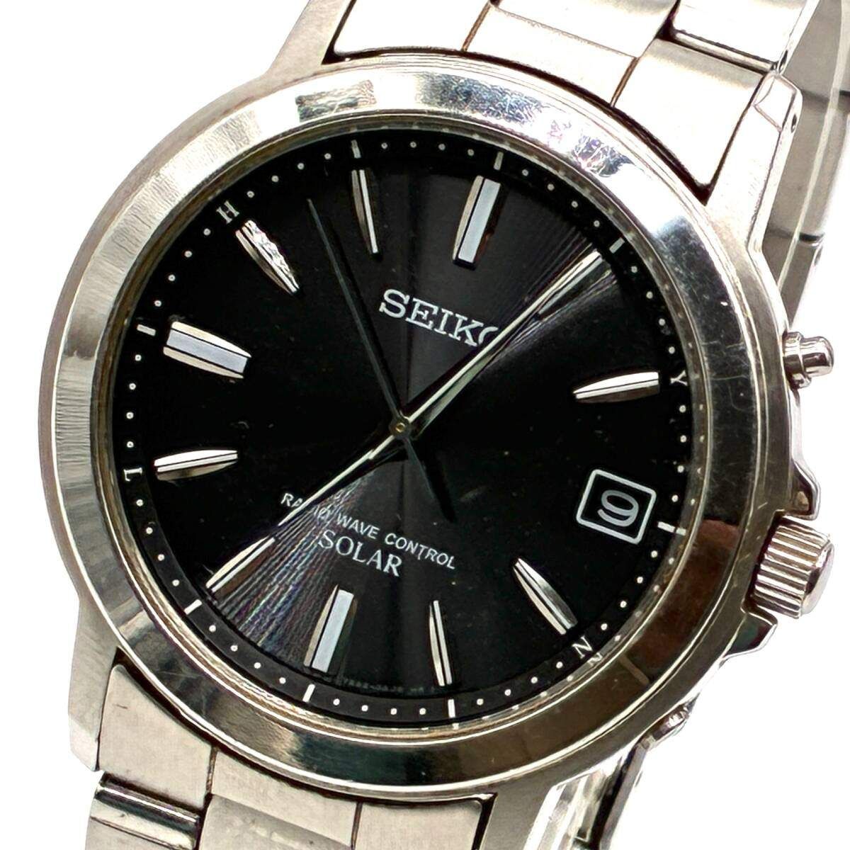 稼働 SEIKO ソーラー電波時計 メンズ サンレイブラック文字盤 デイト 稼働品 正規品 SEIKO セイコー メンズ 腕時計 ソーラー 電波 サンレイ