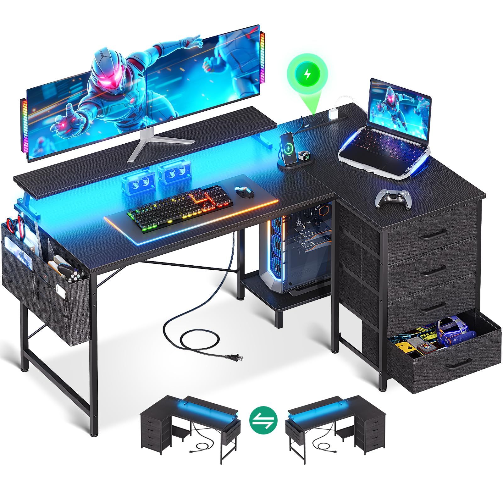 AODK ゲーミングデスク パソコンデスク l字デスク 引き出し&コンセント付き 幅140×奥行80cm 机 pcデスク ゲームデスク LED付き gaming desk l shaped 在宅ワーク/オフィス用 左右入れ替え対応 ブラックｍａ