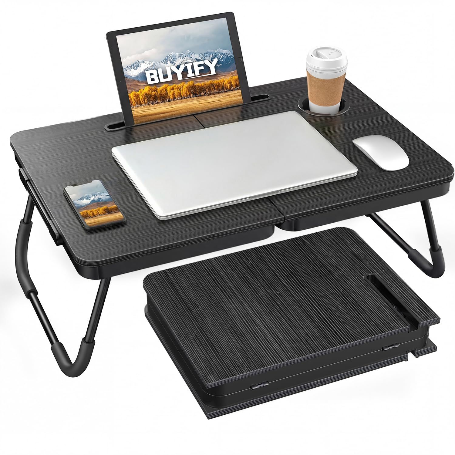BUYIFY 折りたたみテーブル ベッドテーブル 昇降・組立不要 大容量天板 カップホルダー＆タブレットスロット付き ローテーブル 持ち運び便利 在宅勤務 食事 勉強 ソファ/ベッド用 (60×40cm)-JP02ｍａ