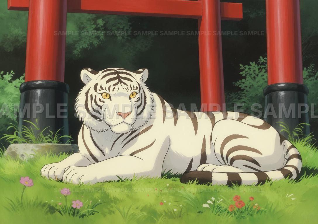 AIアート】【神秘的な白虎】アニメ原画風 イラスト 虎 獣 門 希少