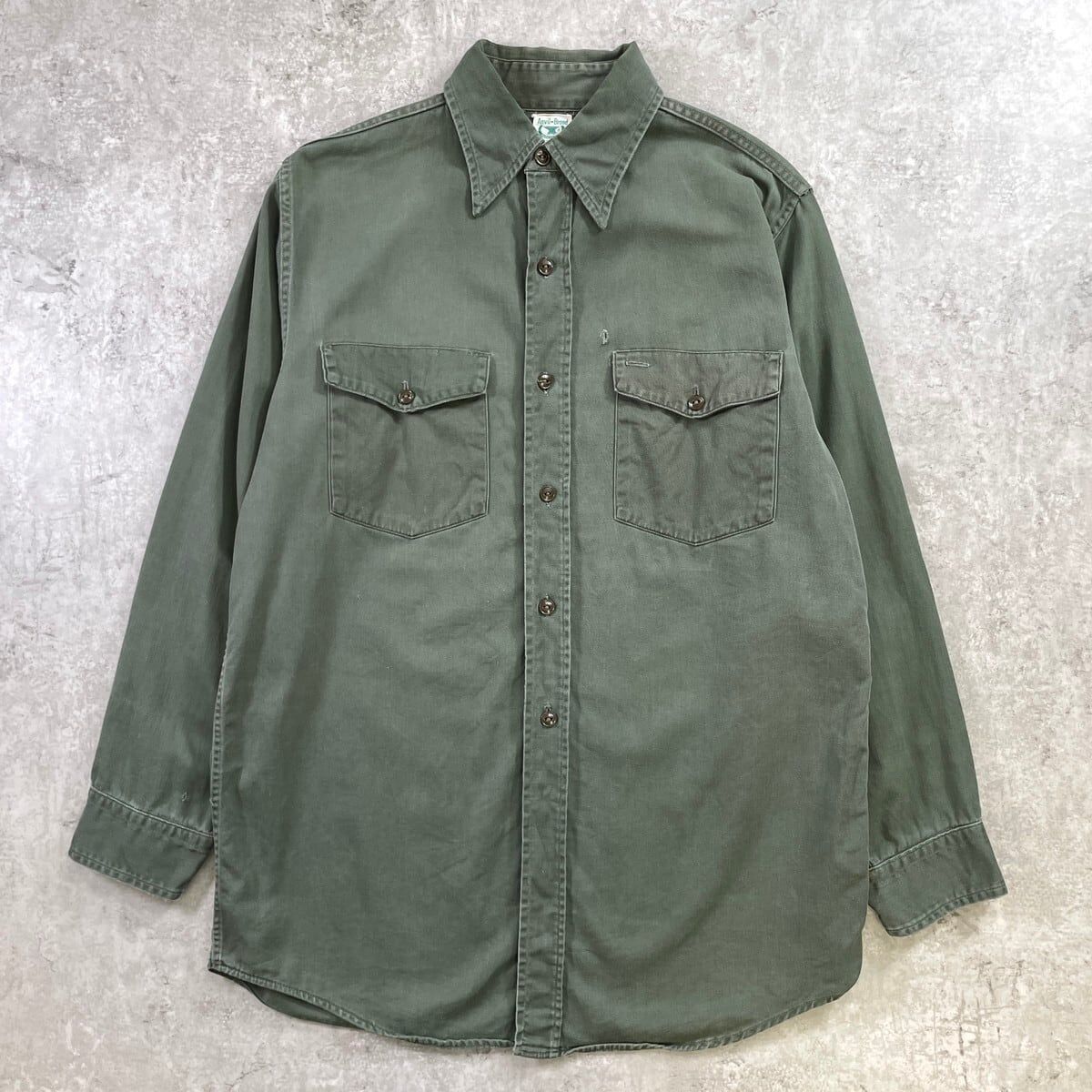 50-60年代 USA製 Anvil Brand 長袖 ワークシャツ M-L相当 古着 マチ付き VINTAGE ヴィンテージ ネコ目ボタン オリーブグリーン