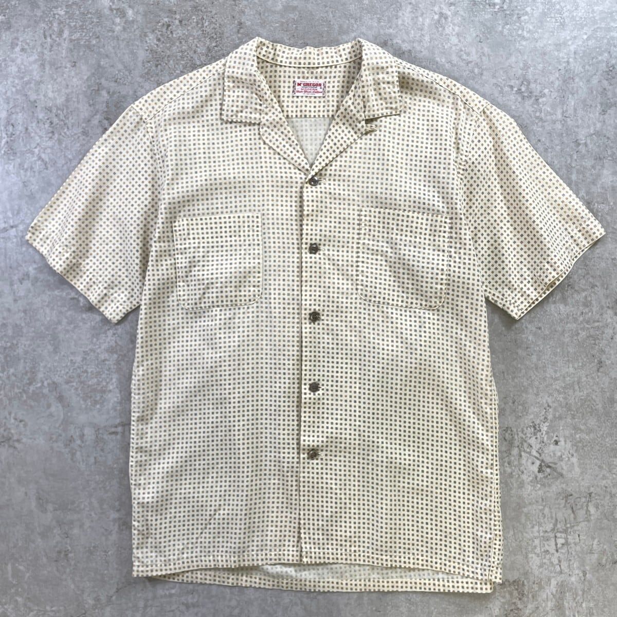 50年-60代 USA製 McGREGOR マックレガー 総柄 半袖 開襟 オープンカラーシャツ メンズM相当 古着 VINTAGE ヴィンテージ ライトベージュ