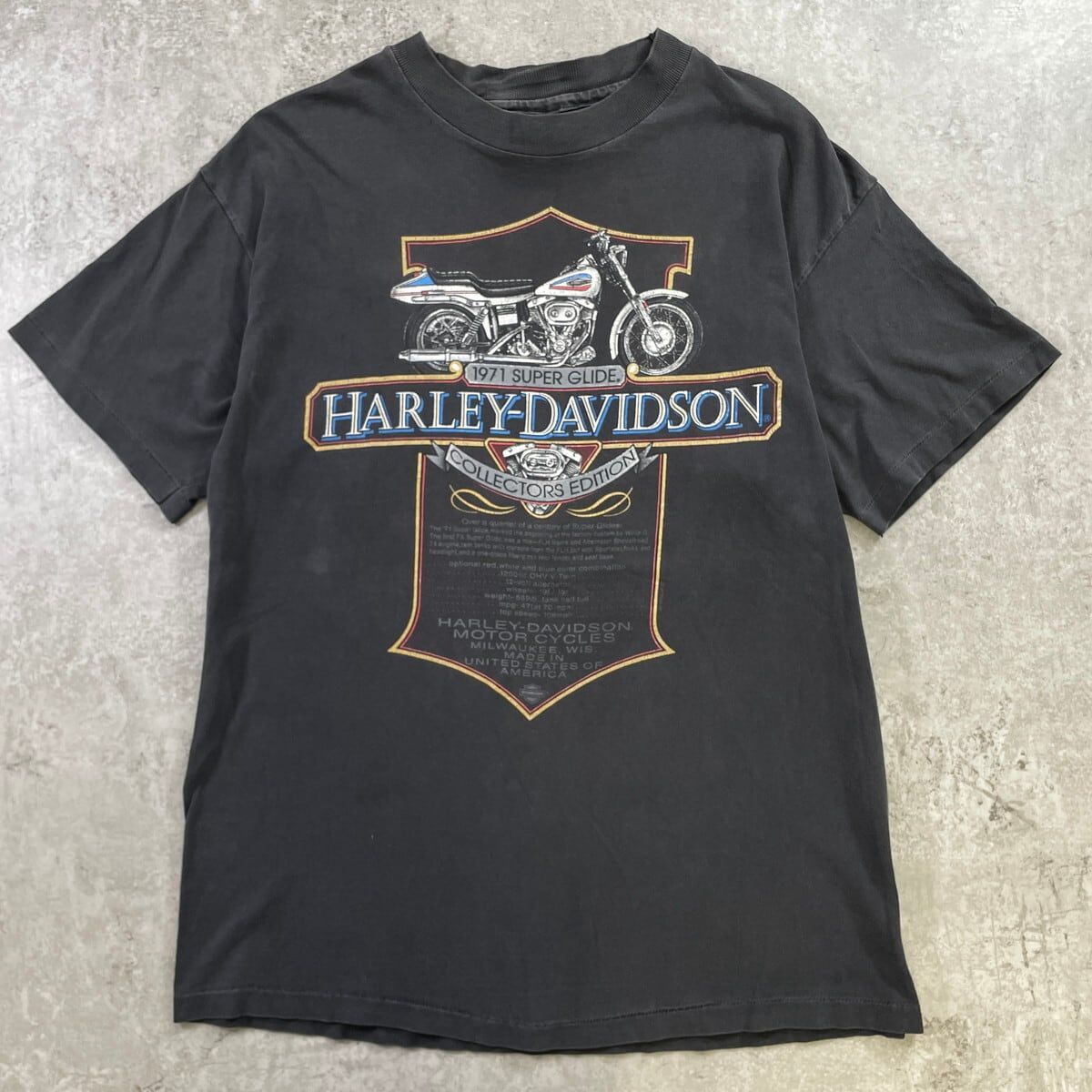 90年代 USA製 HARLEY-DAVIDSON ハーレーダビッドソン 1971 SUPER GLIDE モーターサイクル プリントTシャツ メンズL 古着 VINTAGE ヴィンテージ バイク バックプリント シングルステッチ フェードブラック 黒色
