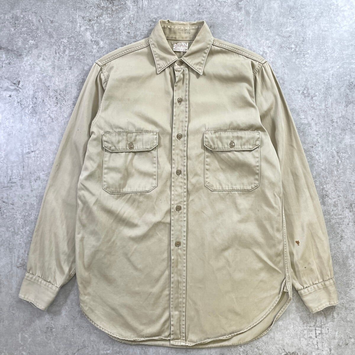50-60年代 USA製 Sears シアーズ LUSTER CHINO コットンツイル 長袖 ワークシャツ M相当 古着 マチ付き VINTAGE ヴィンテージ