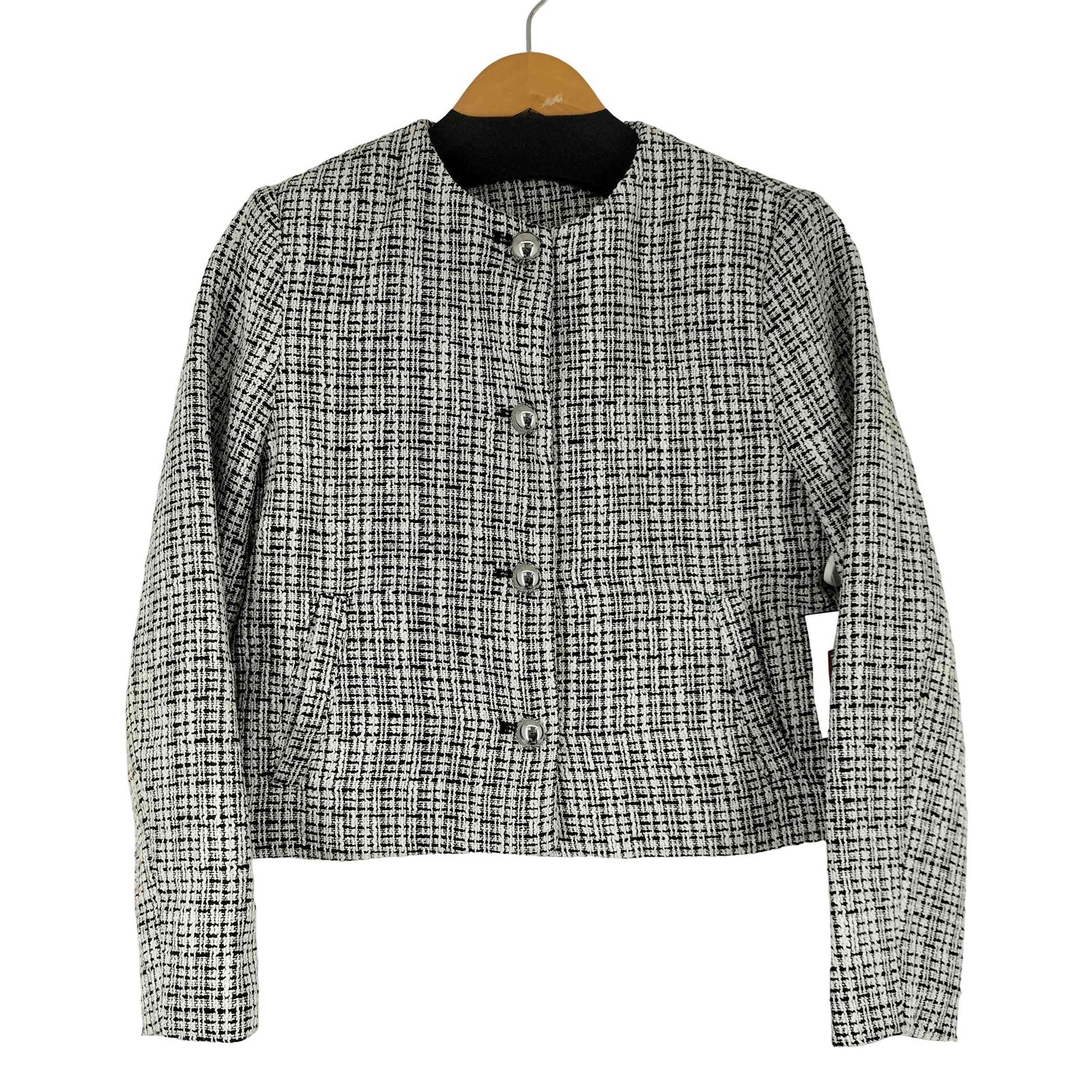 新品　ZARA　ジャケット　ツートン　ノーカラー　M 黒白 ザラ ZARA ノーカラーツイードジャケット レディース import：M - メルカリ